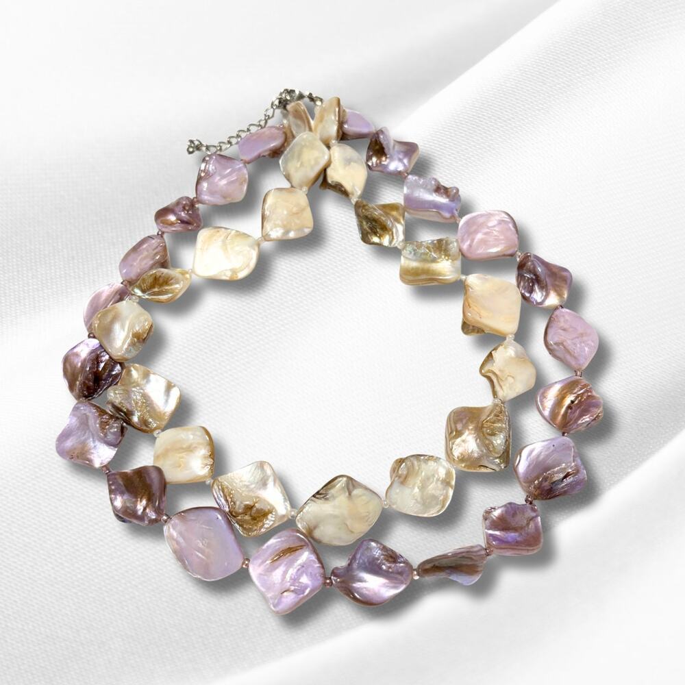 Baroque Mother of Pearl Necklace Two Strand‎ Lavender Purple Cream Beige